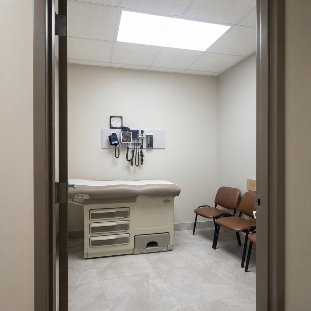 Private exam room with examination table and equipment