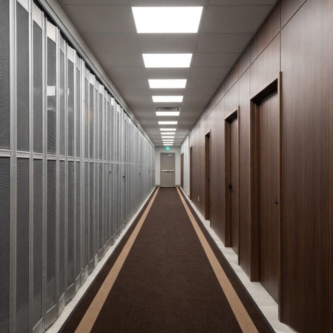 Clean, modern hallway leading to exam rooms
