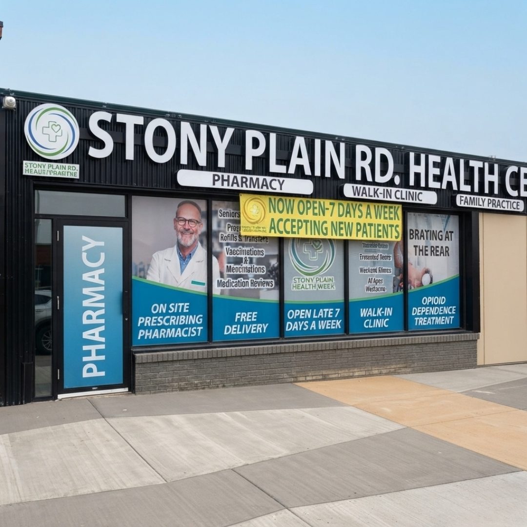 Storefront and pharmacy windows at Stony Plain Rd. Health Centre